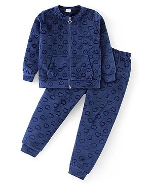 Babyhug Velour Woven Full Sleeves Front Zipper Winter Wear Co-Ord Set With Kangaroo Pockets & Hearts Print - Navy