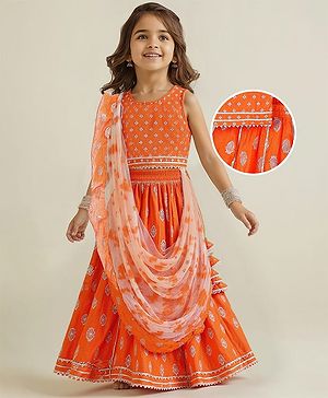 Babyhug Woven Sleeveless Foil Printed Choli Lehenga & Dupatta Set with Tassles & Lace Detailing - Orange