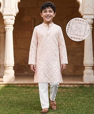 Pine KIds Woven Full Sleeves Kurta Pyjama Set with Sequin Embroidery - White