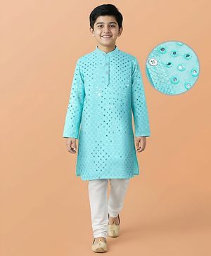 Pine Kids Woven Full Sleeves Kurta Pyjama Set with Mirror Work - Light Blue
