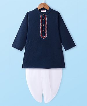 Babyhug Woven Full Sleeves Solid Colour Kurta Dhoti Set with Mirror Embroidery - Navy Blue