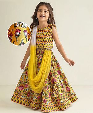 Babyhug Woven Sleeveless Floral Printed Choli Lehenga Set with Dupatta & Lace Detailing - Yellow