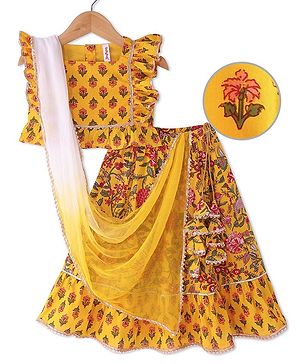 Babyhug Woven Frill Sleeves Floral Printed Choli Lehenga Set with Dupatta & Lace Detailing - Yellow