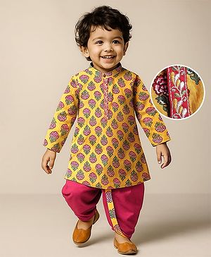 Babyhug Cambric Woven Full Sleeves Kurta Dhoti Set With Floral Print - Mustard & Dark Pink