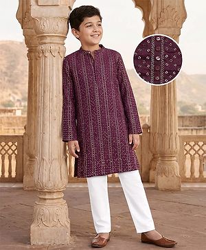Pine Kids Woven Full Sleeves Sequin Embroidered Kurta Pyjama Set - Wine