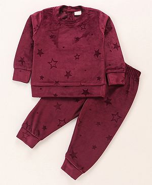Babyhug Velour Woven Full Sleeves Winter Wear Co-Ord Suit With Stars Print - Wine