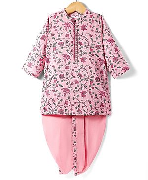 Babyhug Cambric Woven Full Sleeves Floral Printed Dhoti Kurta Set - Pink
