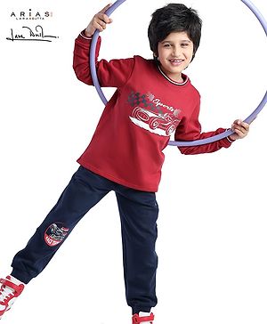 Arias Cotton Brushed Terry Knit Full Sleeves Sweatshirt & Joggers Set with Racing Theme Print - Red & Navy
