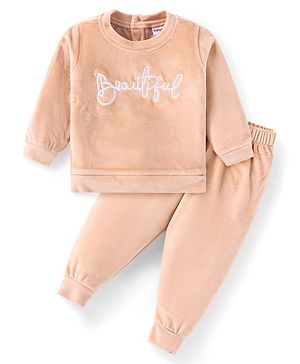 Babyhug Velour Woven Full Sleeves Winter Wear Suit With Text Embroidery - Peach