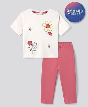 Bonfino 100% Cotton  Knit Half Sleeves Oversized T-Shirt & Leggings Set with Floral Embroidery - Off White