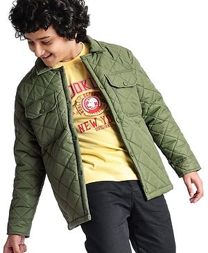 Pine Kids Woven Full Sleeves Collar Neck Padded Quilted Jacket With Solid Colour - Olive Green