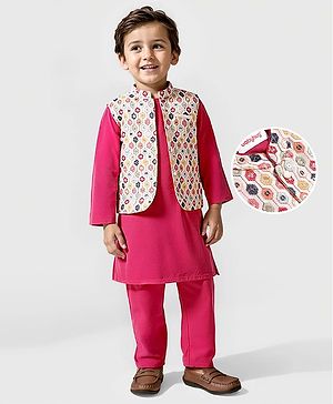 Babyhug Woven Full Sleeves Solid Kurta Pyjama Set With Sequin Embroided Jacket  -Red