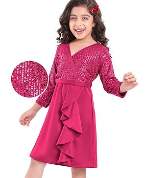 Hola Bonita Knit Full Sleeves All over sequin front overlaping with Scuba Ruffle Party Dress - Fuchsia