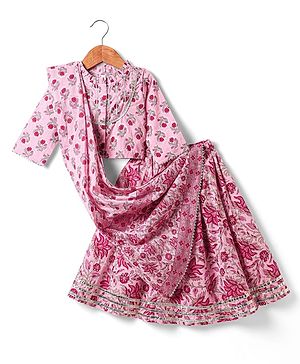 Babyhug Cotton Woven Three Fourth Sleeves Cambric Choli Lehenga Set And Dupatta with Floral Print - Pink