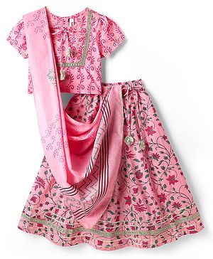 Babyhug Woven Half Sleeves Choli Lehenga Set And Dupatta With Floral Print & Lace Detailing - Pink