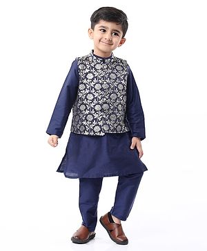 Babyhug Woven Full Sleeves Solid Colour Kurta Pyjama Set with Floral Printed Brocade Nehru Jacket - Navy Blue