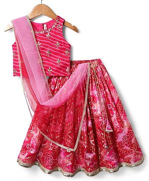 Babyhug Woven Sleeveless Choli Lehenga & Dupatta Set With Floral Embriodery & Lace Detailing - Pink