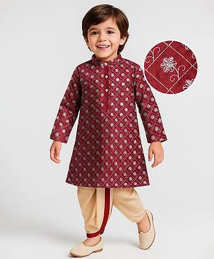 Babyhug Woven Full Sleeves Sequenced Embroidered Dhoti Kurta Set - Maroon