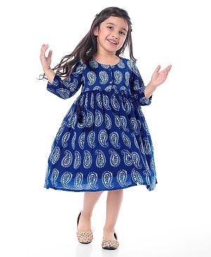 Babyhug Cotton Woven Three Fourth Sleeves Front Open Ethnic Dress with Motif Print - Navy Blue