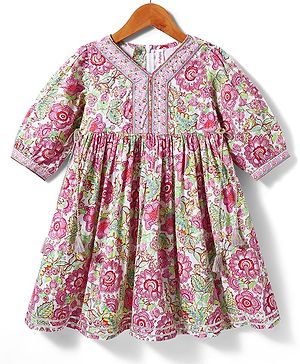 Babyhug Cotton Woven Three Fourth Sleeves Ethnic Dress With Floral Print - Pink