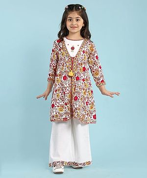 Babyhug Cambric Woven Three Fourth Sleeves Embroidered Top Palazo Set With Floral Embroidery & Printed Jacket - White