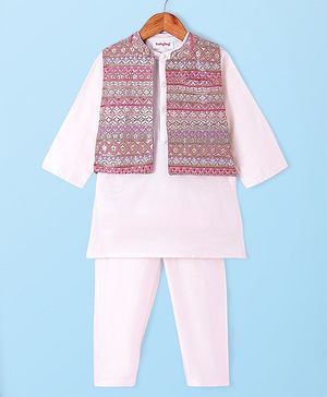 Babyhug Woven Full Sleeves Solid Colour Kurta Pyjama Set with Floral Embroidered Nehru Jacket - Beige