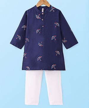 Babyhug Woven Full Sleeves Kurta Pyjama Set with Umbrella Embroidery - Navy Blue