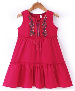 Babyhug Woven Sleeveless Rayon Embroidered Tiered Ethnic Dress - Hot Pink