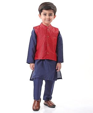 Babyhug Woven Full Sleeves Solid Kurta Pyjama Set With Sequins Embroidered Jacket - Navy Blue
