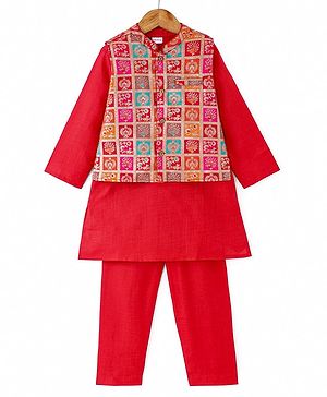 Babyhug Cotton Woven Full Sleeves Solid Kurta Pyjama Set with Sequin Embroidered Jacket - Red