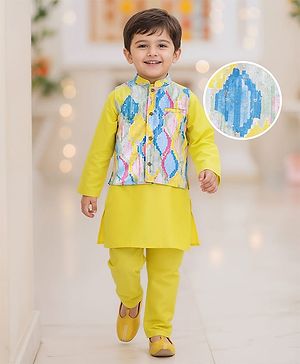Babyhug Cotton Woven Full Sleeves Solid Kurta Pyjama Set with Printed Jacket - Yellow