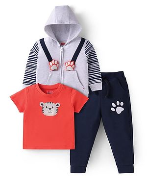 Babyhug Terry Knit Half Sleeves T-Shirt & Lounge Pant Set With Hooded Sweat Jacket & Animal Print & Applique - Light Grey