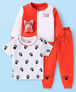 Babyhug Terry Knit Full Sleeves Tiger Applique Jacket with Paw Print T-Shirt & Joggers Set - White & Dark Orange