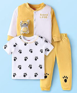 Babyhug Terry Knit Full Sleeves Front Open and Pullover T-Shirts With Pant & Animal Print - Yellow