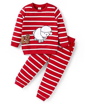 Babyhug Terry Knit Full Sleeves T-Shirt & Lounge Pants Set With Animal Embroidery & Stripes - Red