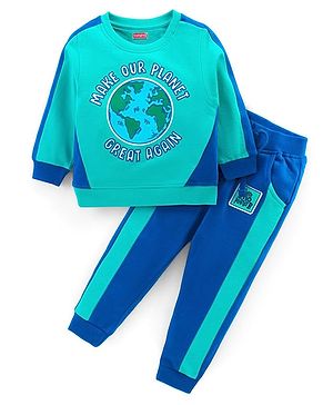 Babyhug Cotton Knit Full Sleeves T-Shirt & Lounge Pants Set With Earth Applique - Sea Green & Blue