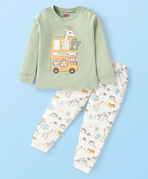Babyhug Terry Knit Full Sleeves T-Shirt & Lounge Pant Set with Animal Print - Green & White