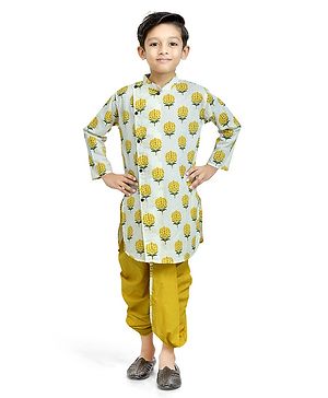 Teentaare Cotton Full Sleeves Kurta Dhoti Set Floral Print - Yellow