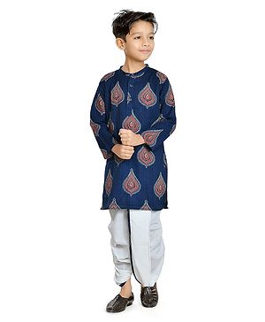 Teentaare Cotton Woven Full Sleeves Kurta & Dhoti Set With Print - Navy Blue