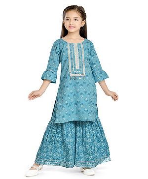 Teentaare Cotton Woven 3/4th Sleeves Kurta & Gharara Set with Floral Print & Lace Detailing At Yoke - Sky Blue