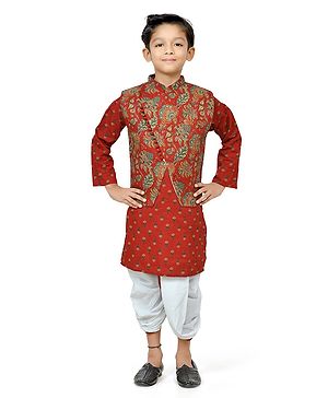 Teentaare Cotton Woven Full Sleeves Kurta & Dhoti Set With Jacket & Floral Print - Dark Red