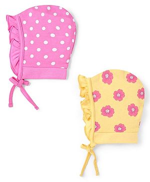 Babyhug 100% Cotton Caps With Floral & Polka Dots Print Pack Of 2 - Mustard & Pink