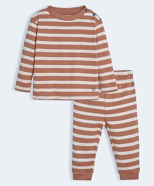 Mi Arcus Unisex 100% Cotton Full Sleeves Striped Tee With Coordinating Pajama Set - Brown