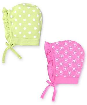 Babyhug 100% Cotton Caps With Hearts & Polka Dots Print Pack Of 2 - Light Green & Pink