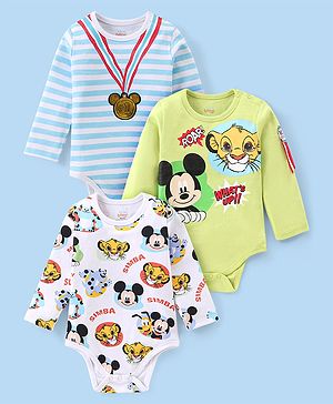 Babyhug Disney Interlock Knit Full Sleeves Onesies With Mickey Mouse Graphics Pack of 3 - Blue Green & White