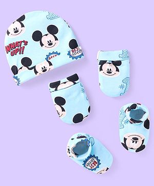 Babyhug Disney Interlock Knit Cap Mittens & Booties With Mickey Mouse Graphics - Light Blue