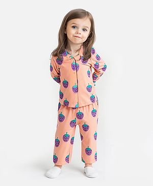 Bonfino 100% Cotton Full Sleeves Front Open Night Suit With Strawberries Print - Peach