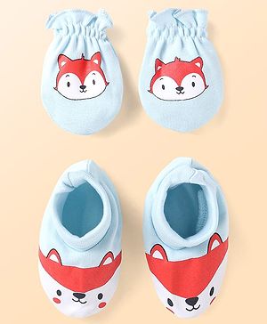 Babyhug Interlock Knit Mittens & Booties With Fox Print - Light Blue