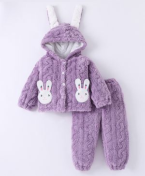 Kookie Kids Full Sleeves Hooded Front Open Winter Wear Set With Bunny Applique - Lilac