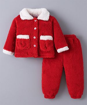 Kookie Kids Full Sleeves Winter Wear Night Suit With Pockets Detailing - Red